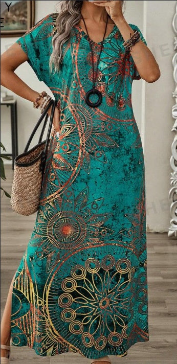 Women's Vintage Floral Print V-Neck Batwing Sleeve Casual Summer Dress Maxi Women Dresses Long Dress - Clear Vision™️Glasses