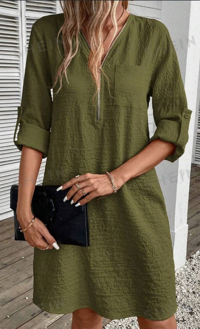 Textured Zipper Half-Buttoned Dress With Patch Pockets - Clear Vision™️Glasses